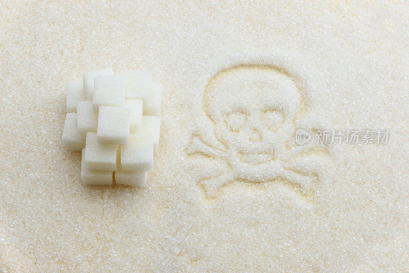 不健康的甜食，肥胖和糖尿病概念:俯视图纯白精制，漂白的方糖/细砂糖甜味剂，头骨和交叉骨。抽象的纹理背景。